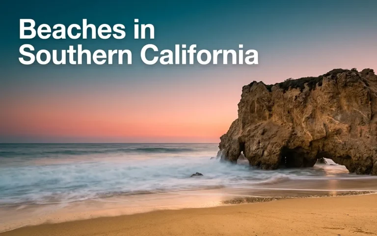 A dramatic Southern California beach scene with a sea stack in Malibu, featuring the text Best Beaches in Southern California over a soft sunset sky.