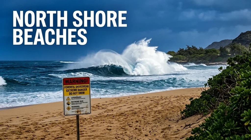 A dramatic view of a giant barreling wave at Pipeline with a red warning sign and the title NORTH SHORE BEACHES.