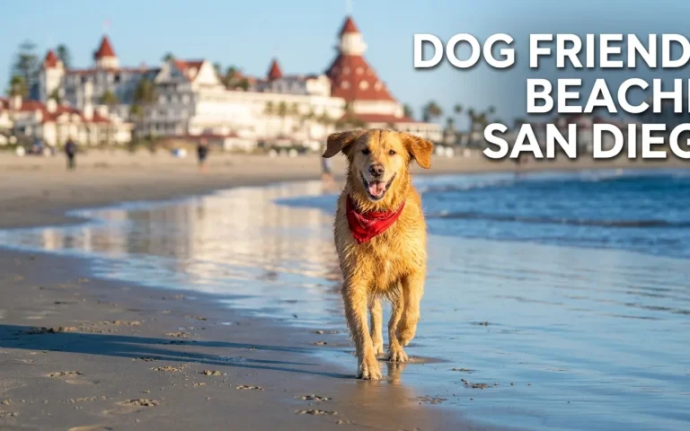 A golden retriever runs on Coronado Dog Beach with Dog Friendly Beaches San Diego text on the sand.