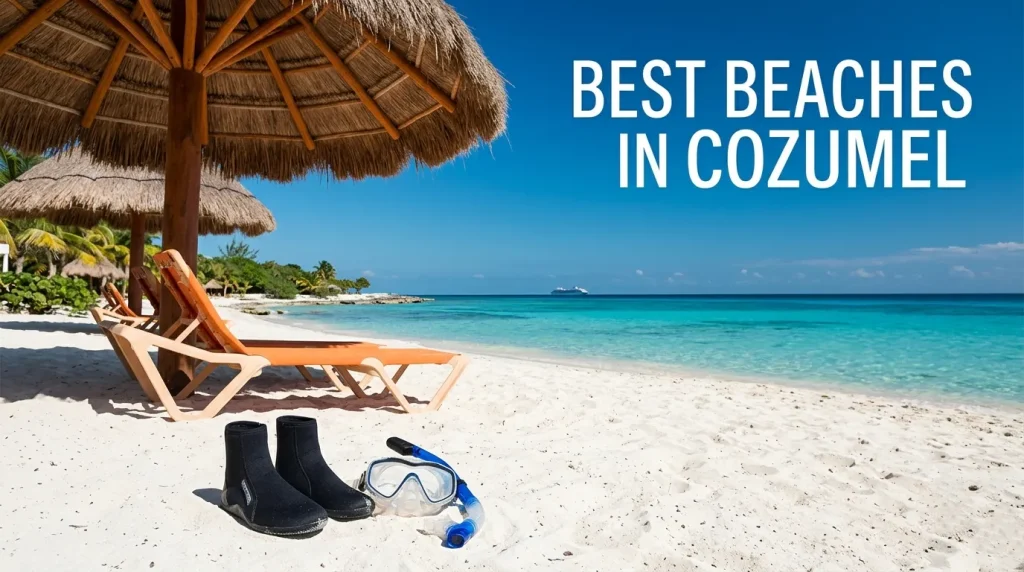 A pristine empty Cozumel beach club with a mask and booties on the sand and the title BEST BEACHES IN COZUMEL.