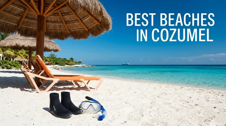 A pristine empty Cozumel beach club with a mask and booties on the sand and the title BEST BEACHES IN COZUMEL.