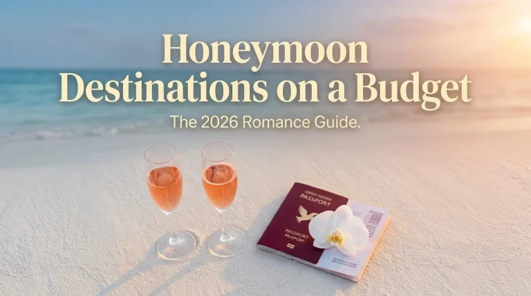 A romantic flat-lay of champagne glasses and a passport on sand for a budget honeymoon destinations guide.