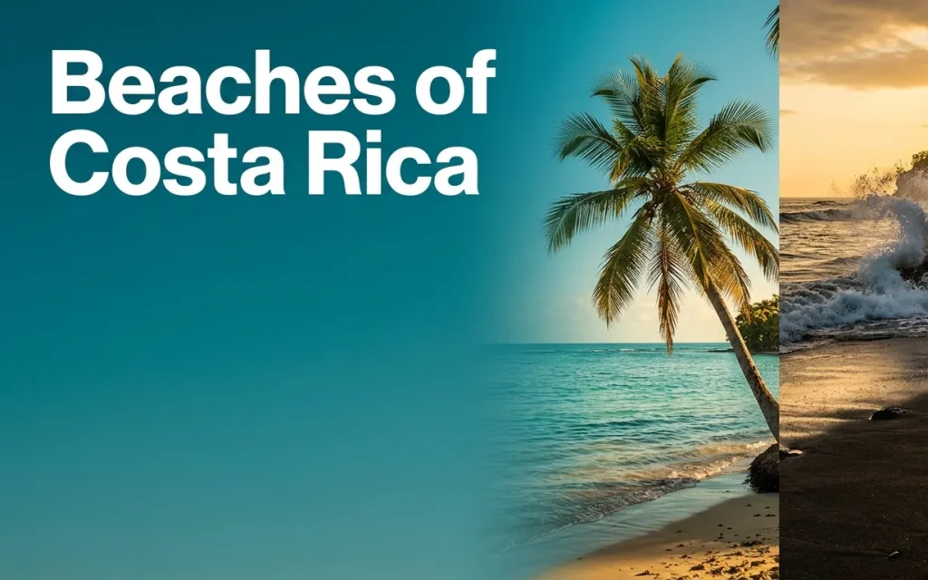 A split editorial image showing a Pacific surf beach and a calm Caribbean cove in Costa Rica, with text Beaches of Costa Rica in the sky.