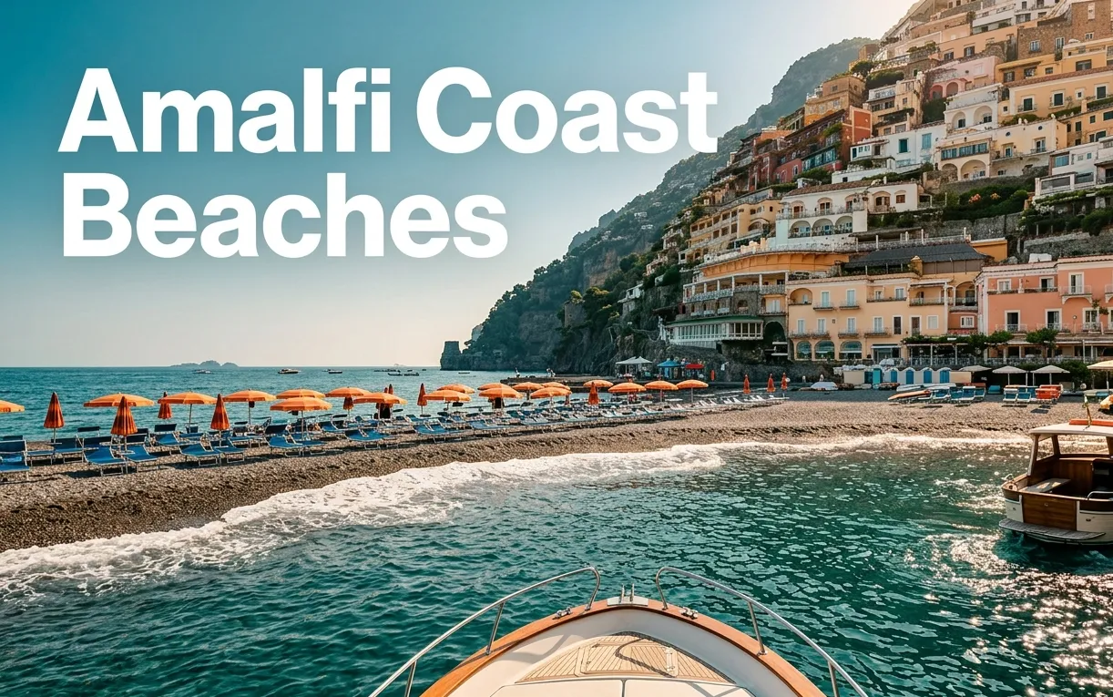 Aerial-boat view of Arienzo Beach in Positano with orange umbrellas and turquoise water, part of an Amalfi Coast beaches guide.
