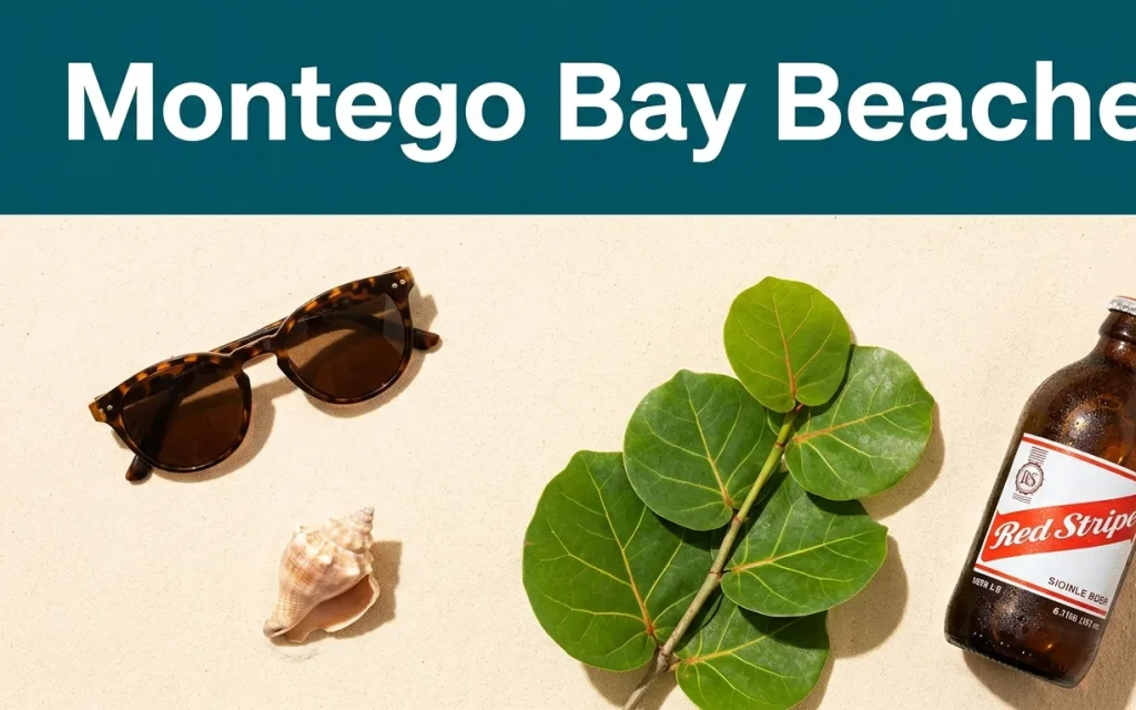 Aerial flat-lay of Caribbean beach essentials with Montego Bay Beaches title text over a deep teal background.