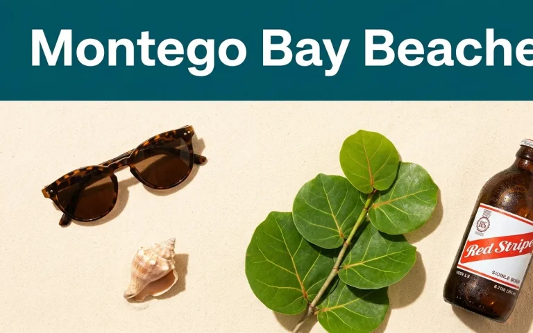Aerial flat-lay of Caribbean beach essentials with Montego Bay Beaches title text over a deep teal background.
