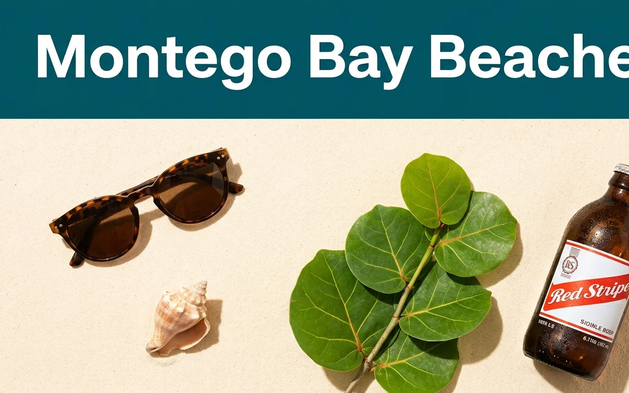 Aerial flat-lay of Caribbean beach essentials with Montego Bay Beaches title text over a deep teal background.