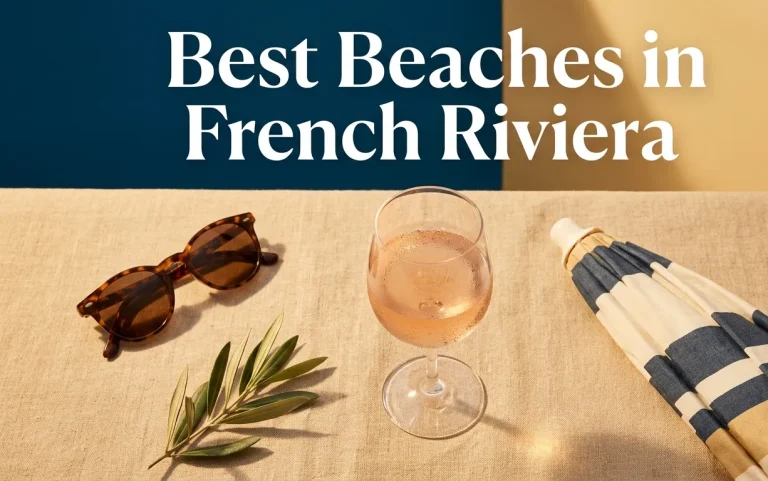 Aerial flat-lay of French Riviera beach essentials with Best Beaches in French Riviera title text over a deep blue and gold background.