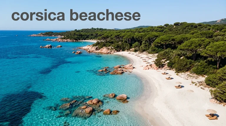 Aerial flat-lay of Palombaggia Beach's white sand and turquoise water with red granite rocks for corsica beachese.