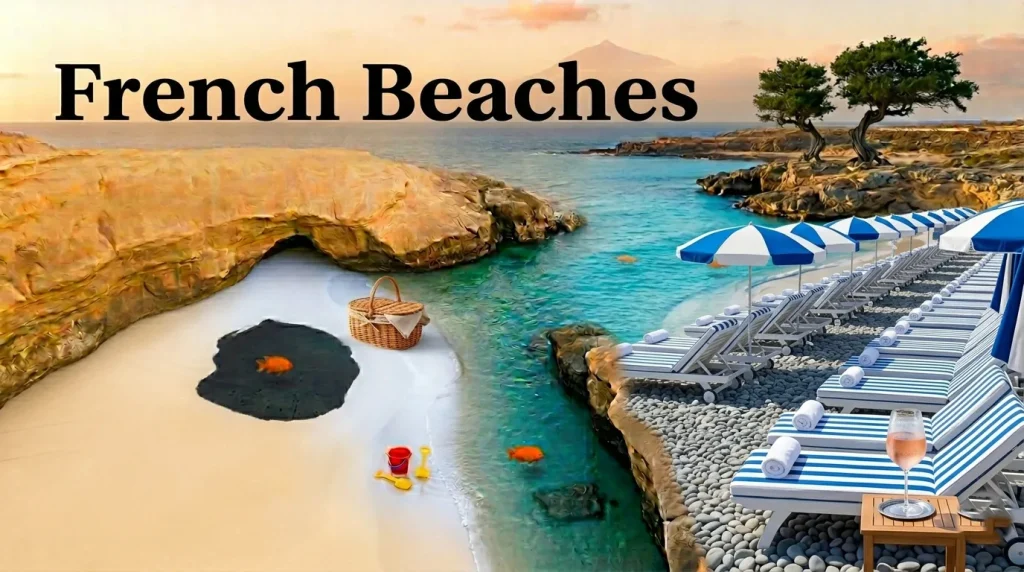 Aerial flat-lay of a chic French Riviera beach with striped sunbeds, gray pebbles, turquoise water, and a glass of rosé, perfect for a 2026 trip.