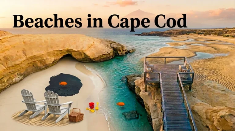 Aerial flat-lay of a classic Cape Cod Bay beach at low tide, with warm teal water and weathered Adirondack chairs, perfect for a 2026 beach trip.