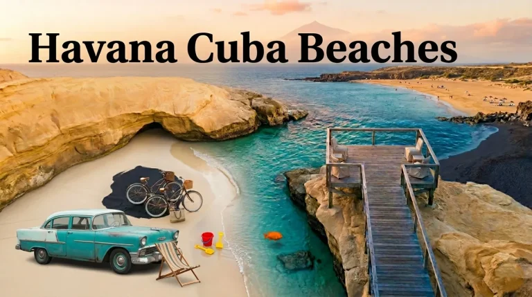 Aerial flat-lay of a golden Cuban beach with turquoise water and a vintage American car, representing the best Havana Cuba beaches.