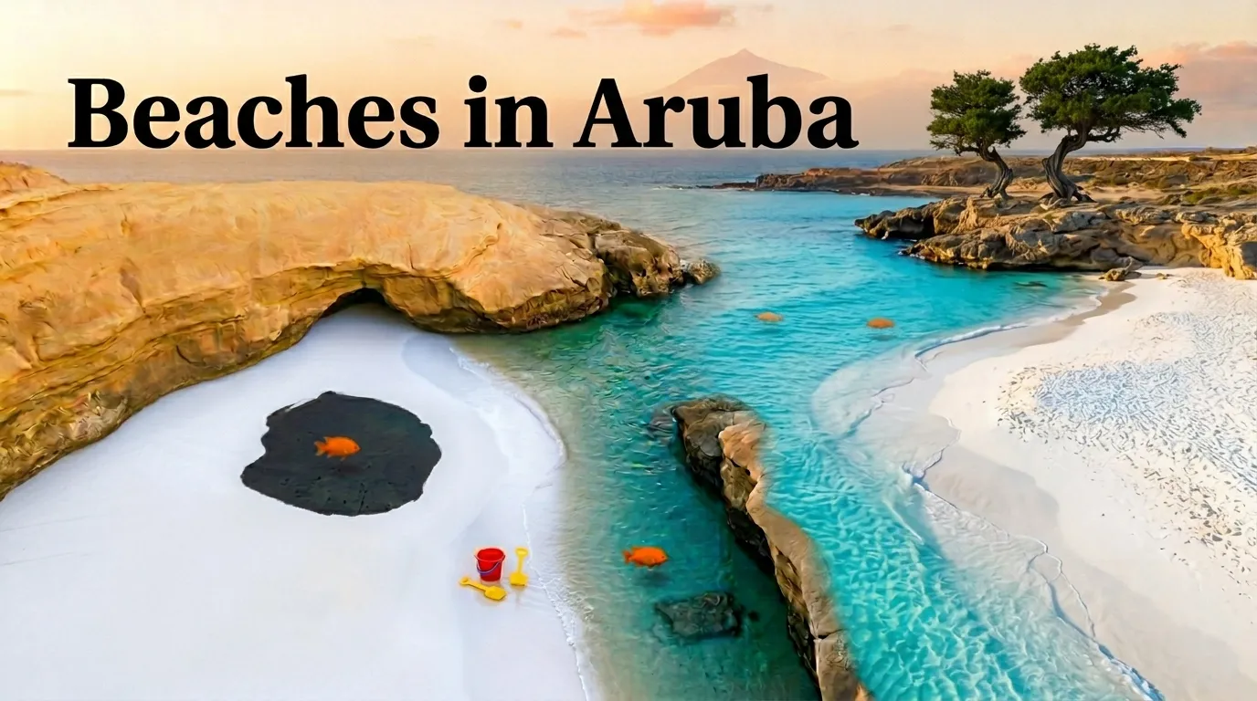 Aerial flat-lay of a pristine Aruban beach with turquoise water, white sand, and iconic Fofoti trees, perfect for a 2026 trip.
