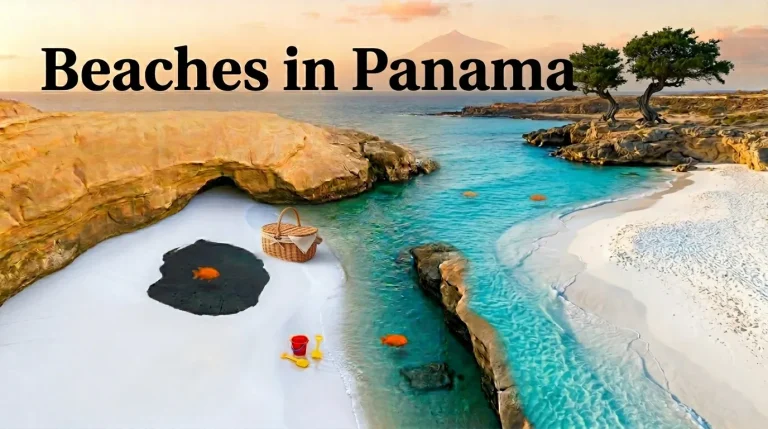 Aerial flat-lay of a pristine Panama beach with turquoise water, white sand, and a leaning palm tree, perfect for a 2026 trip.