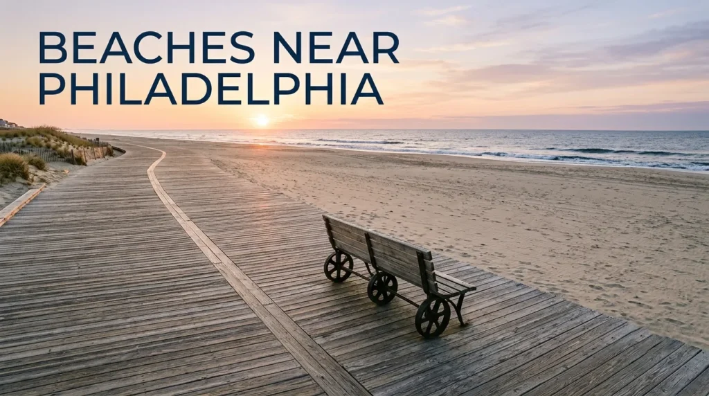 Aerial flat-lay of an empty boardwalk at sunrise leading to a wide Atlantic Ocean beach for beaches near philadelphia.