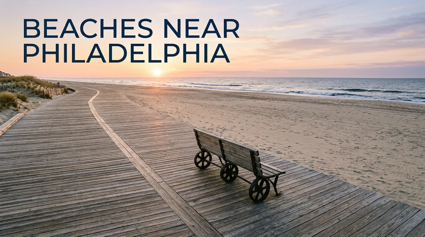 Aerial flat-lay of an empty boardwalk at sunrise leading to a wide Atlantic Ocean beach for beaches near philadelphia.