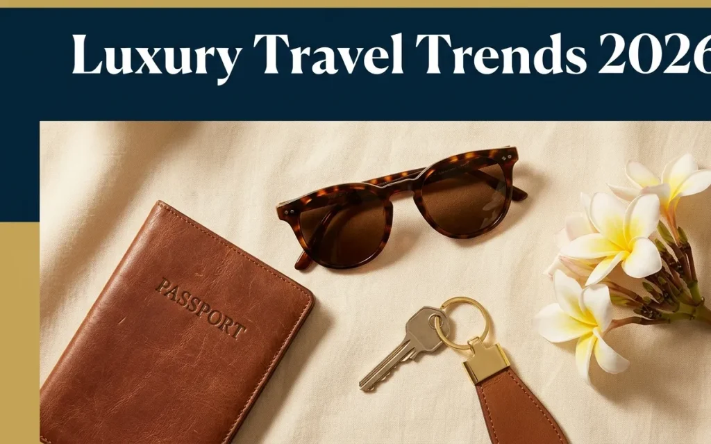 Aerial flat-lay of luxury travel objects with Luxury Travel Trends 2026 title text over a navy and gold background.
