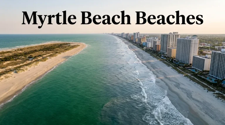 Aerial golden-hour view contrasting a quiet natural Myrtle Beach beach with the high-rise central city skyline for a 2026 travel guide.
