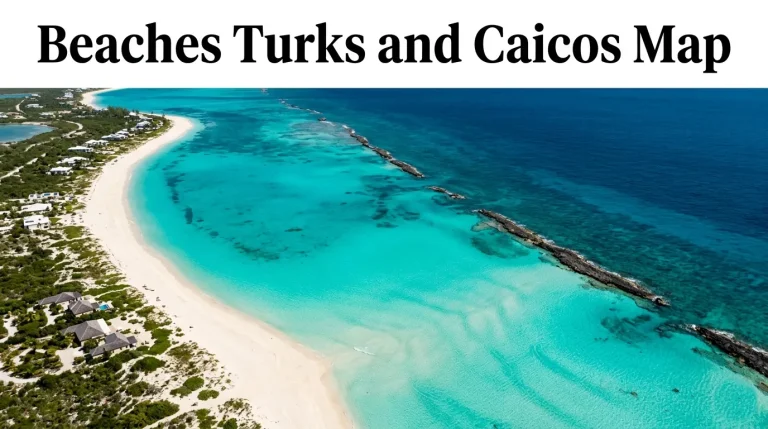 Aerial map-like view of the Grace Bay Beach barrier reef lagoon in Turks and Caicos showing the electric turquoise water and white sand.