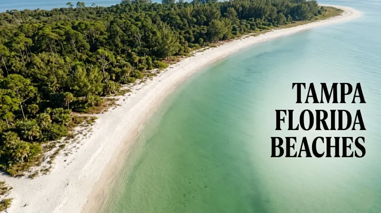 Aerial photo of Caladesi Island State Park near Tampa with text Tampa Florida Beaches overlaid on the sand.
