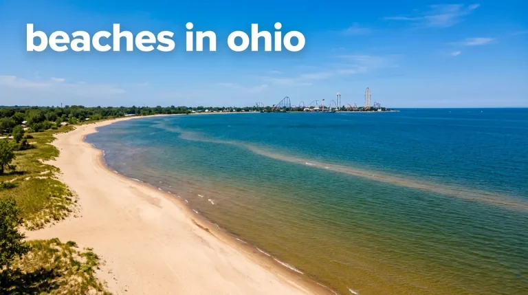 Aerial photo of East Harbor beach and Lake Erie with Cedar Point skyline, titled beaches in ohio guide.