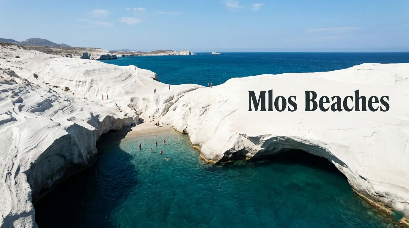 Aerial photo of Sarakiniko Beach on Milos, Greece, with text Milos Beaches overlaid on the white rock.
