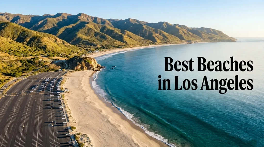 Aerial photo of Zuma Beach in Malibu with text Best Beaches in Los Angeles overlaid on the sand.
