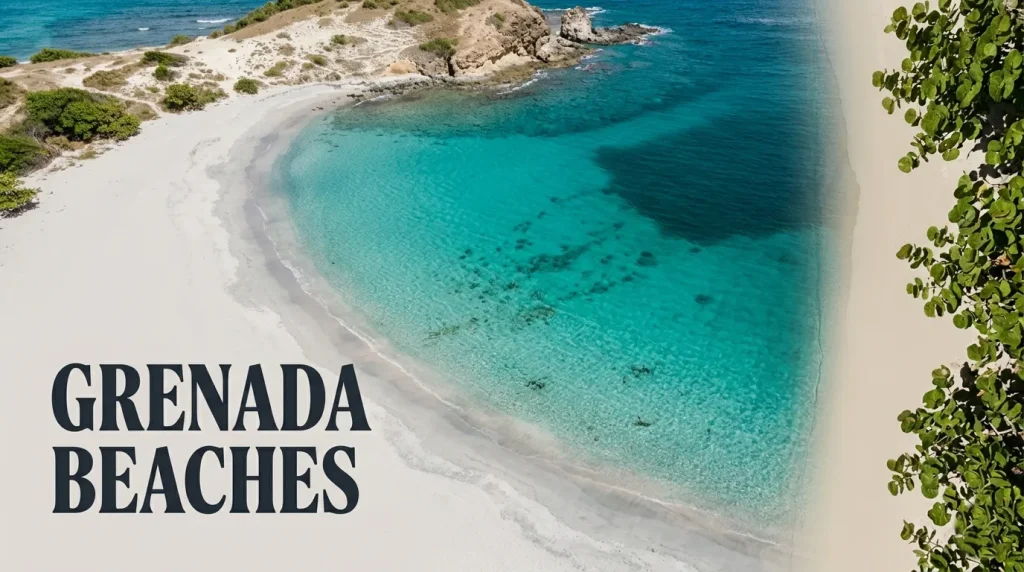 Aerial photo of a calm, protected cove in Grenada with text Grenada Beaches overlaid on the sand.
