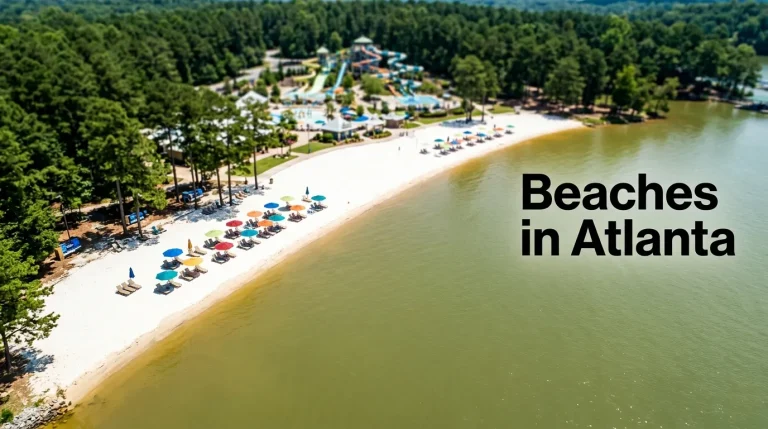 Aerial view Margaritaville Lanier Islands white sand beach with green lake water and text Beaches in Atlanta.