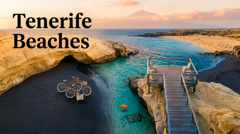 Aerial view contrasting Tenerife beaches, a wild black-sand cove and a calm golden resort strand, with Mount Teide on the horizon.