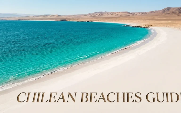 Aerial view of Bahia Inglesa's turquoise water and white sand with Chilean Beaches Guide text on the sand.