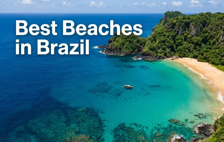Aerial view of Baia do Sancho on Fernando de Noronha with turquoise water and green cliffs, part of a best beaches in Brazil guide.