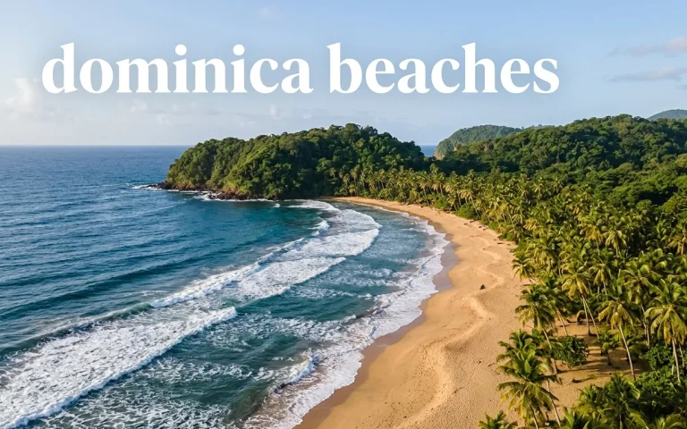 Aerial view of Batibou Beach Dominica with golden sand and jungle headlands, text reads dominica beaches