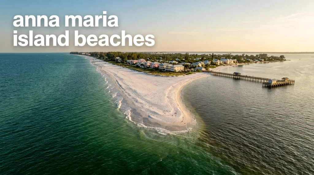 Aerial view of Bean Point and Anna Maria Island shoreline, titled anna maria island beaches guide.