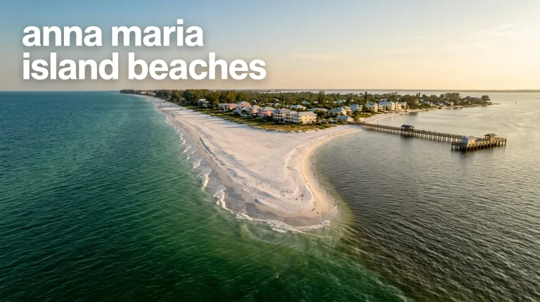 Aerial view of Bean Point and Anna Maria Island shoreline, titled anna maria island beaches guide.