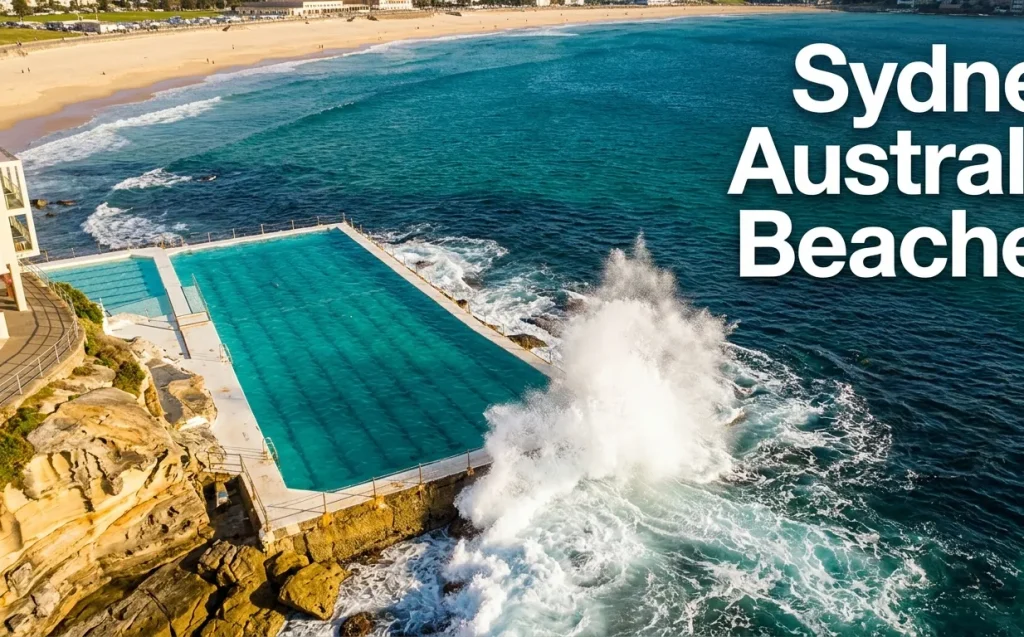 Aerial view of Bondi Icebergs ocean pool in Sydney, Australia, with crashing waves and Sydney Australia Beaches text in the sky.