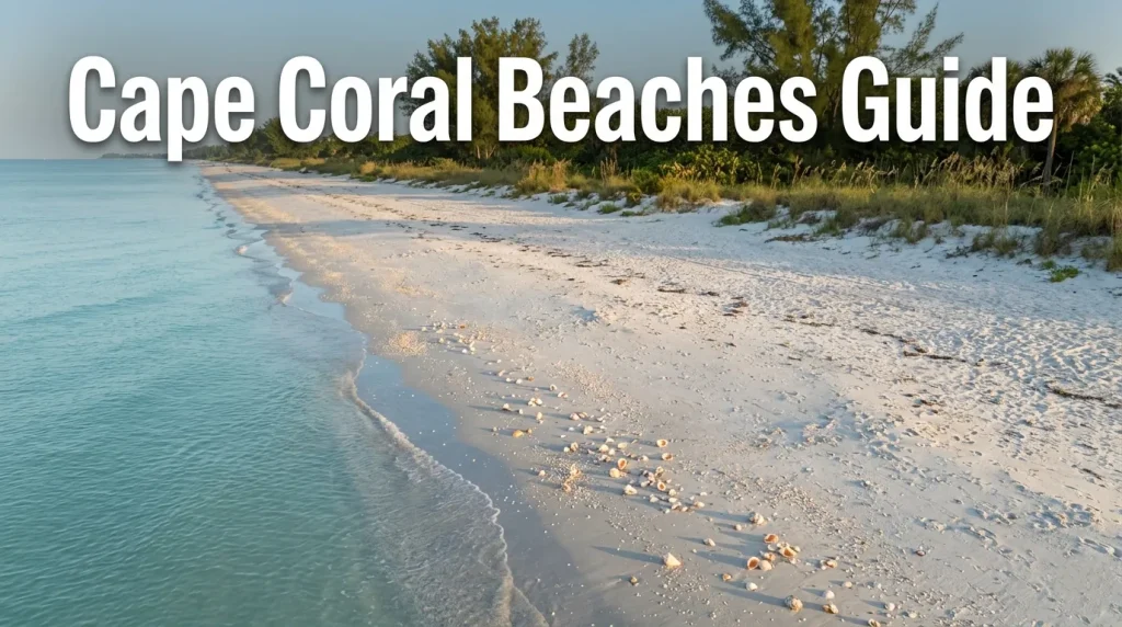 Aerial view of Bowman's Beach white sand and calm turquoise Gulf water on Sanibel Island with Cape Coral Beaches Guide article headline text overlay.