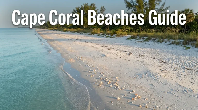Aerial view of Bowman's Beach white sand and calm turquoise Gulf water on Sanibel Island with Cape Coral Beaches Guide article headline text overlay.
