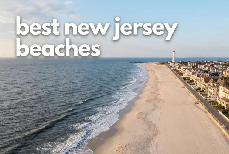 Aerial view of Cape May beach New Jersey with lighthouse and Victorian homes, text reads best new jersey beaches