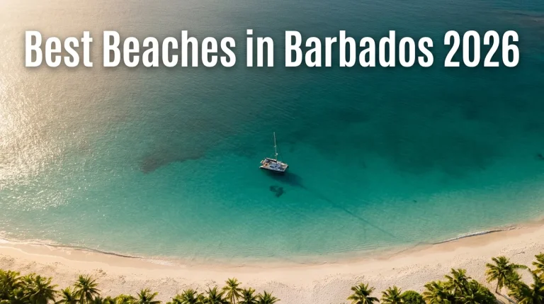 Aerial view of Carlisle Bay turquoise water and white sand beach in Barbados with Best Beaches in Barbados 2026 article headline text overlay.