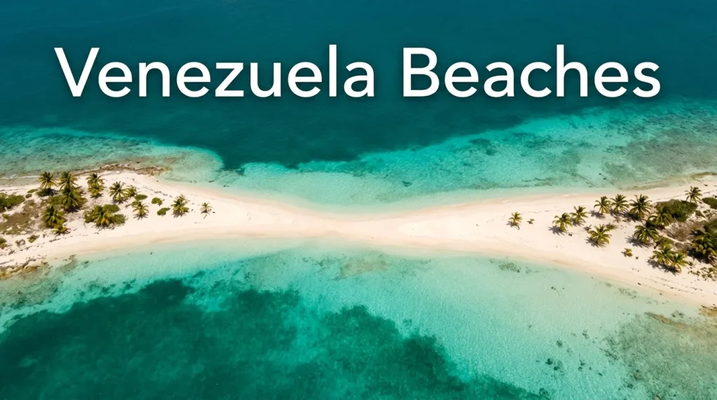 Aerial view of Cayo de Agua sandbar and turquoise water in Los Roques Archipelago Venezuela with Venezuela Beaches article headline text overlay.
