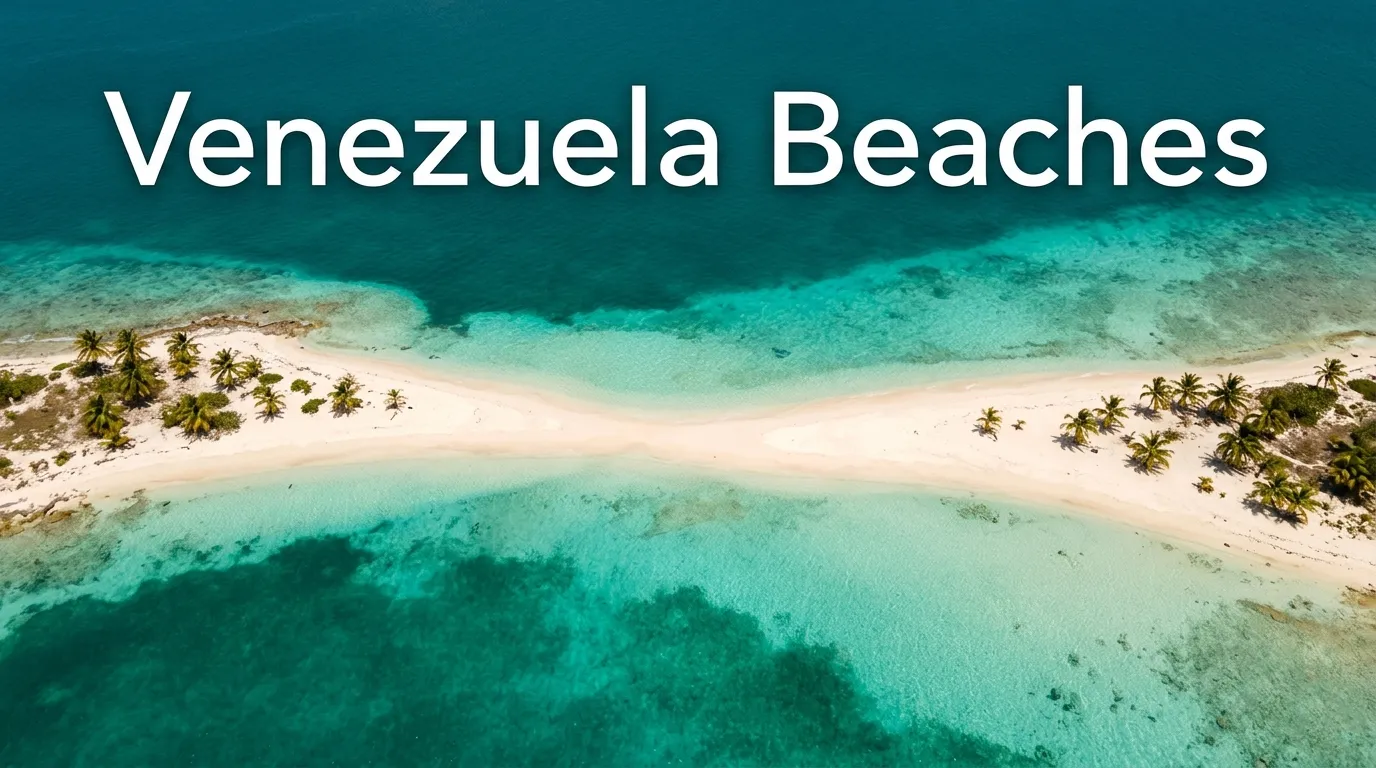 Aerial view of Cayo de Agua sandbar and turquoise water in Los Roques Archipelago Venezuela with Venezuela Beaches article headline text overlay.