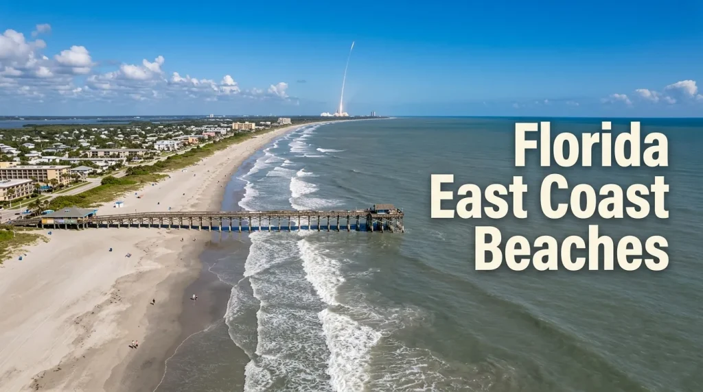 Aerial view of Cocoa Beach Pier with gentle surf and sand, text Florida East Coast Beaches.