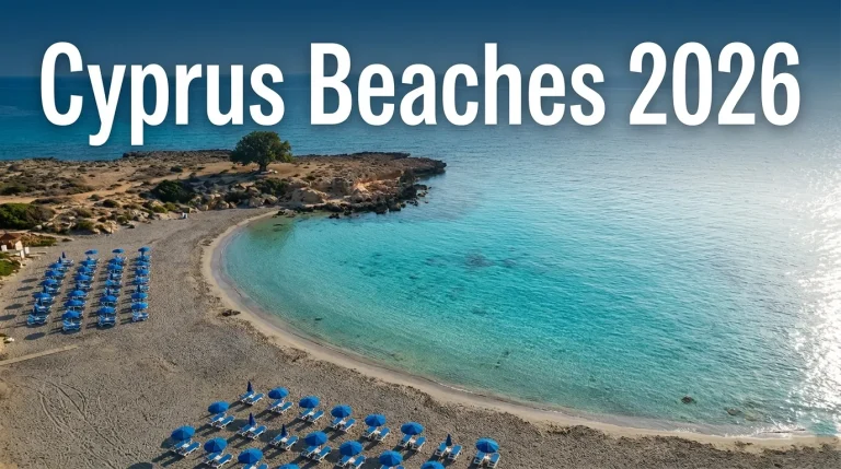 Aerial view of Fig Tree Bay beach turquoise water and sand in Protaras Cyprus with Cyprus Beaches 2026 article headline text overlay.
