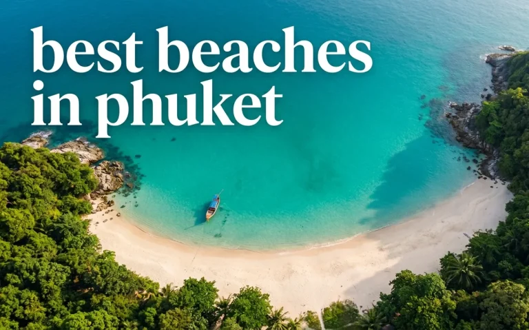 Aerial view of Freedom Beach Phuket with turquoise water and white sand, text reads best beaches in phuket