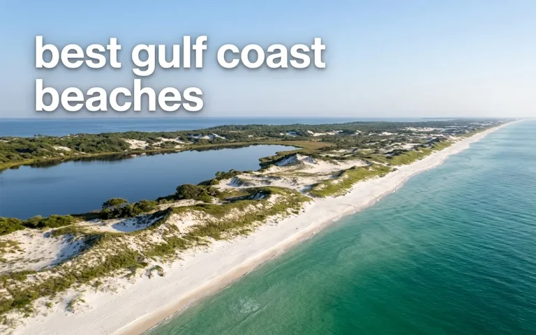 Aerial view of Grayton Beach State Park Florida Gulf Coast with emerald water and white sand, text reads best gulf coast beaches