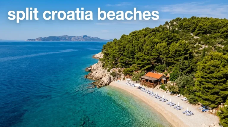 Aerial view of Kasjuni Beach and Marjan Peninsula, titled split croatia beaches guide.