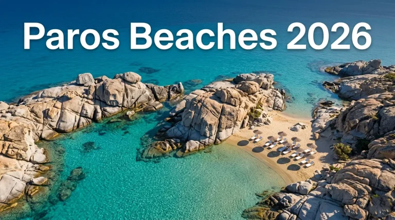 Aerial view of Kolymbithres Beach granite coves and turquoise water in Paros Greece with Paros Beaches 2026 article headline text overlay.