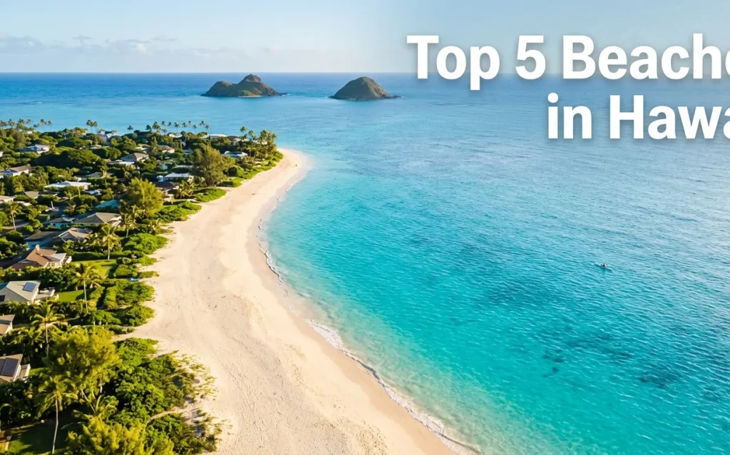 Aerial view of Lanikai Beach on Oahu with turquoise water and the Mokulua Islands, part of a top Hawaii beaches guide.