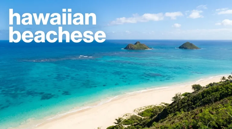 Aerial view of Lanikai Beach turquoise water and Mokulua Islands, titled hawaiian beachese guide.